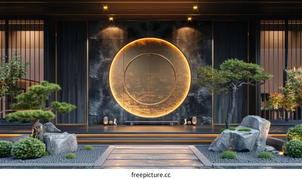 Tranquil Zen Garden with Circular Entrance and Bonsai Tree