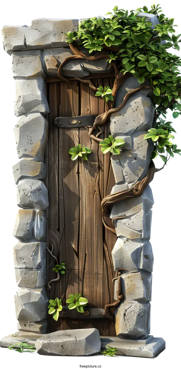 [Transparent Background PNG]Ancient Wooden Door with Stone Frame