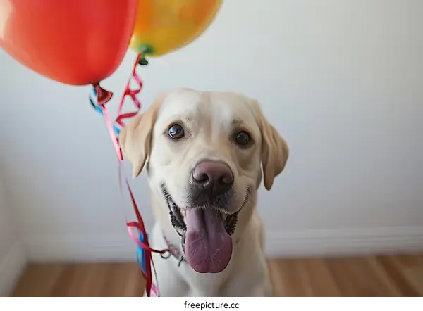 A cute dog with colorful balloons