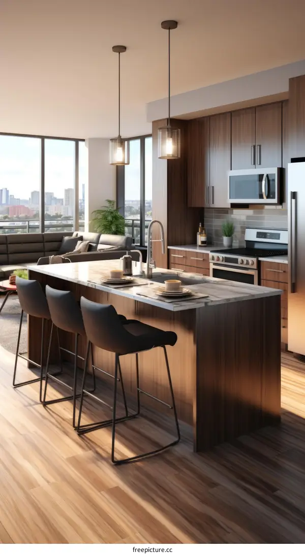 Walnut Kitchen With Island and View of City
