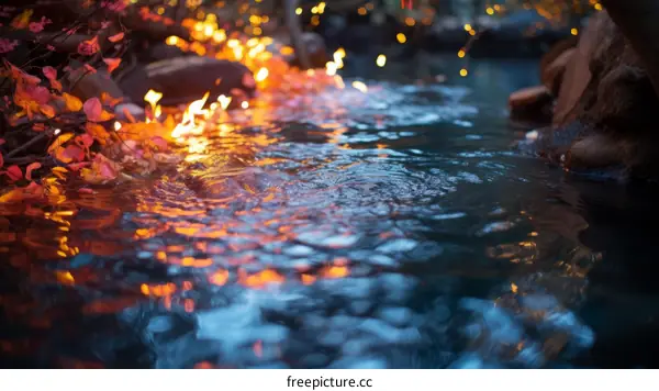 Glimmering water surface with fiery red maple leaves and blurred background