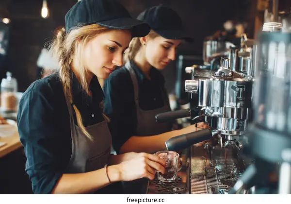 Two Caucasian Baristas Preparing Coffee Drinks