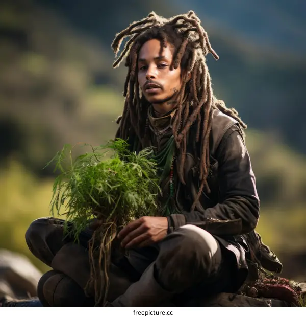 A Rastafarian man holding a marijuana plant