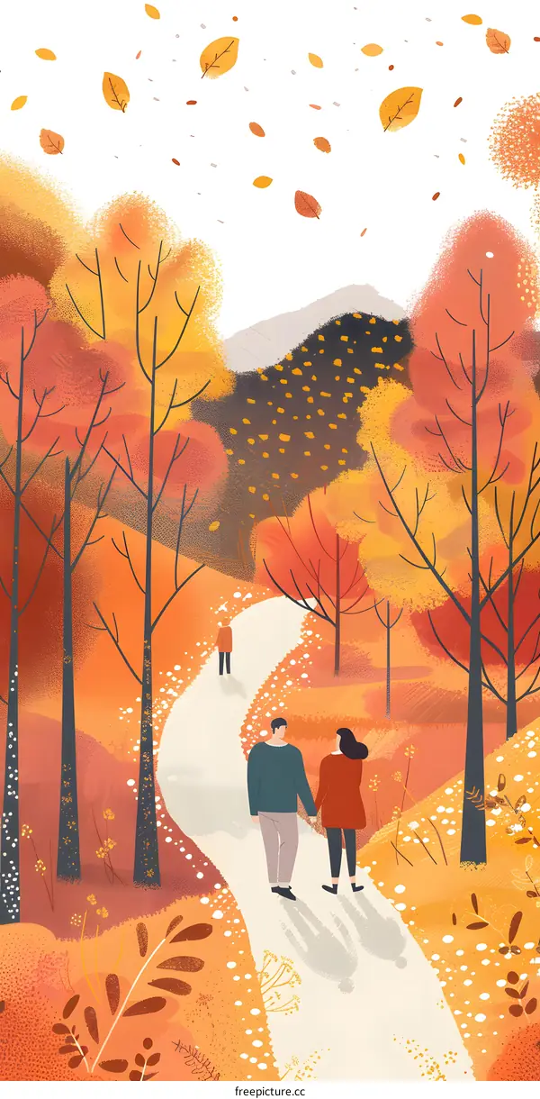 Couple Walking Through Autumn Forest Illustration