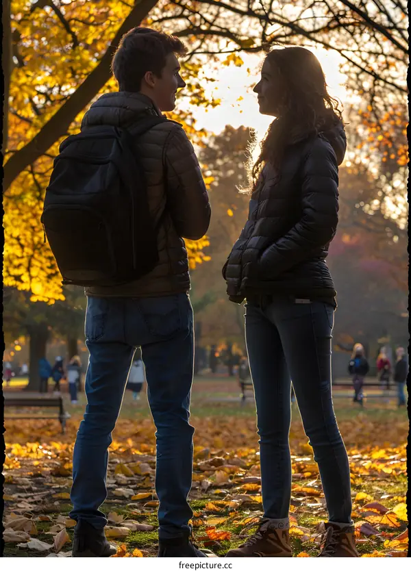 Couple Standing in Autumn Park During Golden Hour