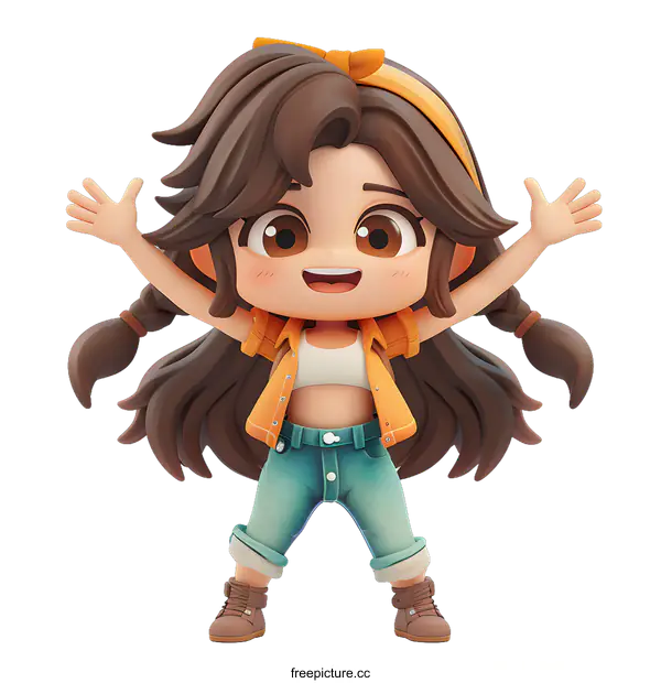 [Transparent Background PNG]Cute Cartoon Girl with Brown Hair Wearing Jeans and an Orange Shirt
