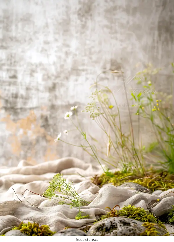 Minimalist Floral Composition with White Flowers, Green Grass, and Stones