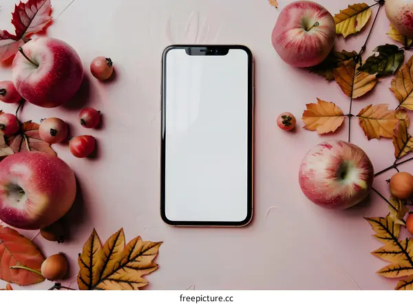 Mockup of a White Screen Phone Surrounded by Autumnal Elements