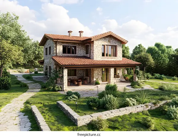 Stone House with Red Tile Roof and Patio