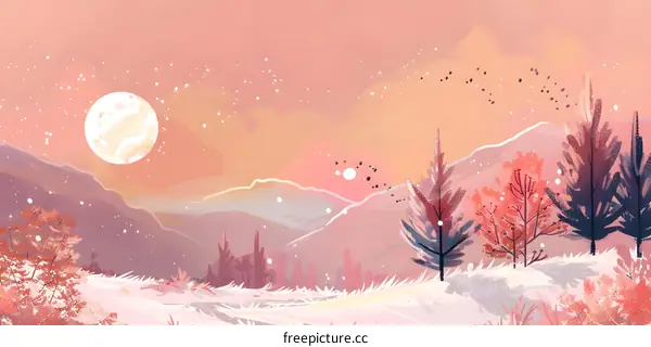 Winter Landscape with Pink Sky and Moon