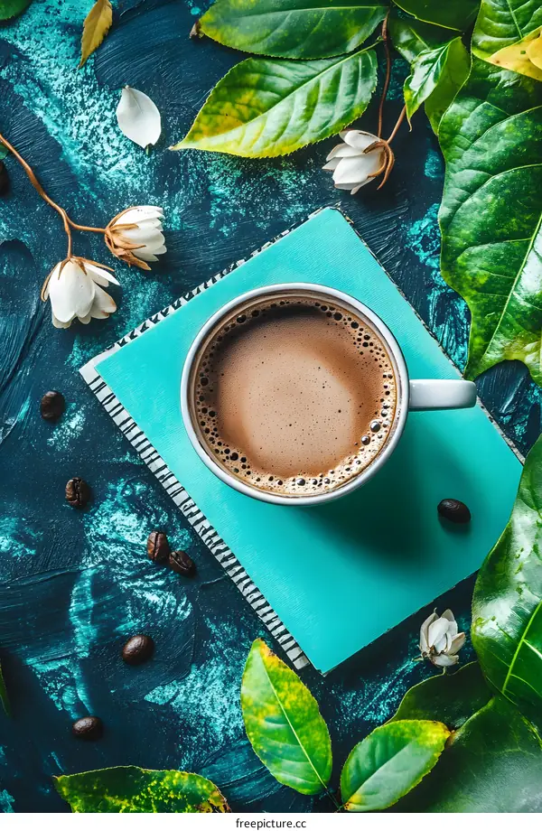 Coffee Cup with Leaves and Flowers on a Blue Background