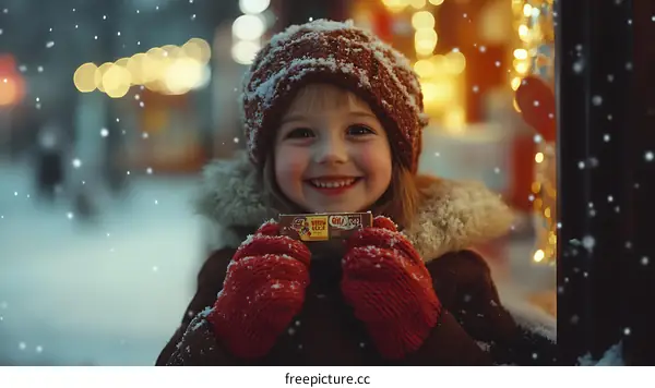A Smiling Little Girl Holding a Gift in the Snow
