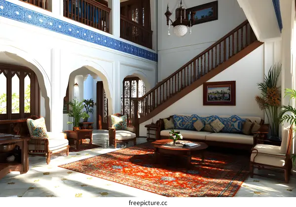 Traditional Middle Eastern Interior Design with a Staircase and a Large Rug