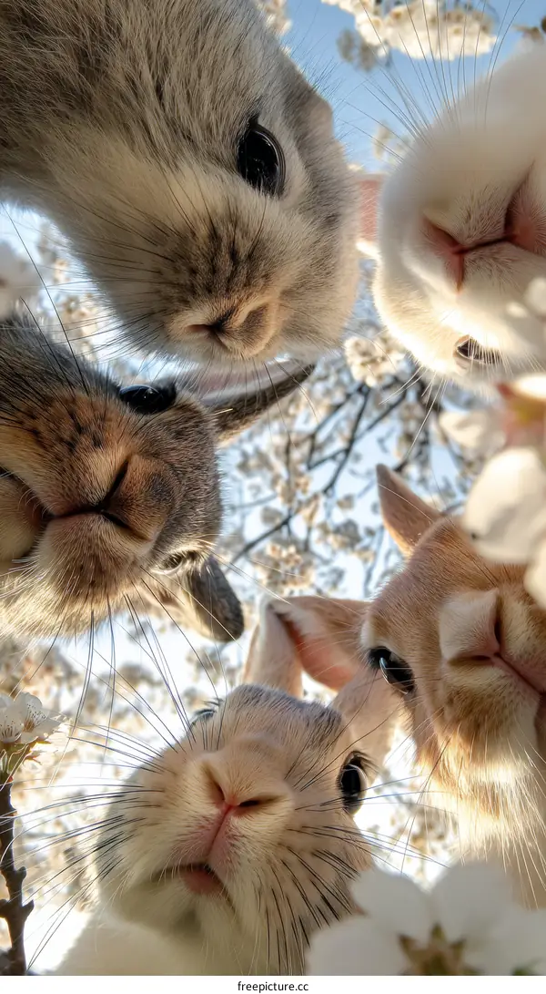 Cute Rabbits Among Blossoms