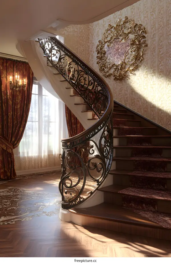 Elegant Curved Staircase with Ornate Railing in a Luxurious Mansion