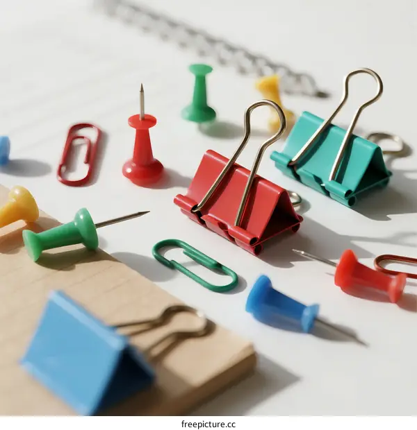 Assorted colorful office supplies including paper clips and push pins