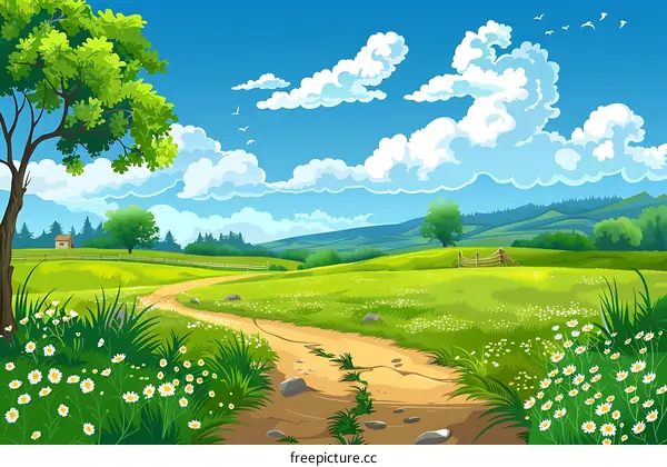 Beautiful Summer Landscape With Lush Green Grass And Blue Sky