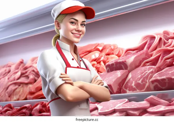 Cheerful female butcher standing with arms crossed in front of meat display