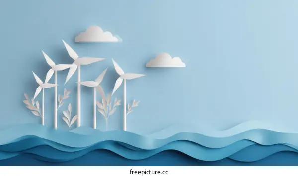 Paper Art Wind Turbines on the Ocean Waves