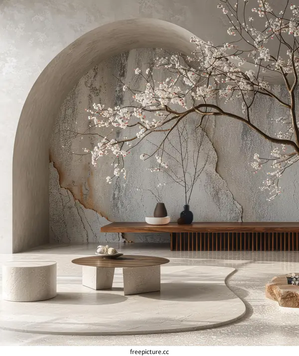 Modern Minimalist Living Room Design with Cherry Blossoms