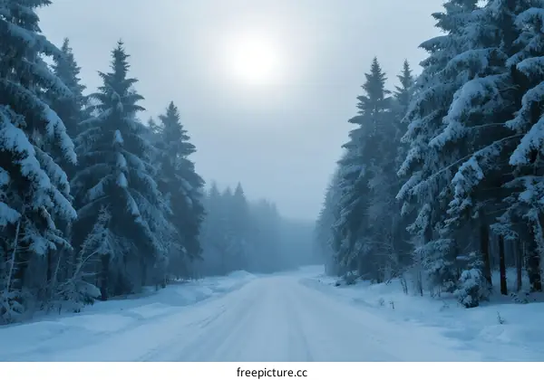 A peaceful snowy road surrounded by snow-covered pine trees under a bright sun