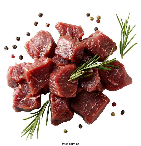 [Transparent Background PNG]Raw Beef Cubes with Rosemary and Peppercorns