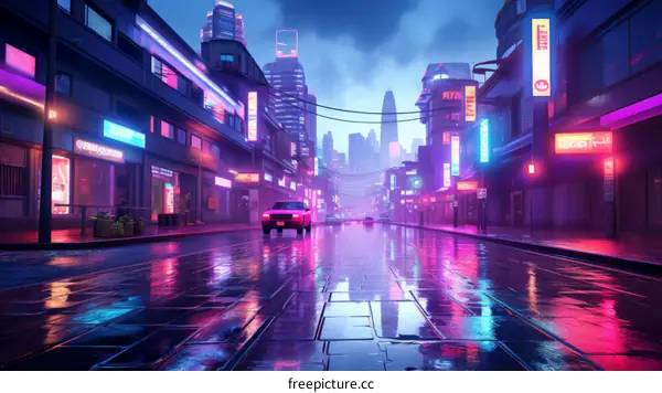 A futuristic city street with a pink car driving down it, with neon lights and skyscrapers on either side of the street.