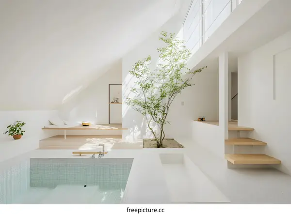 Minimalist White Bathroom with Indoor Tree and Bathtub