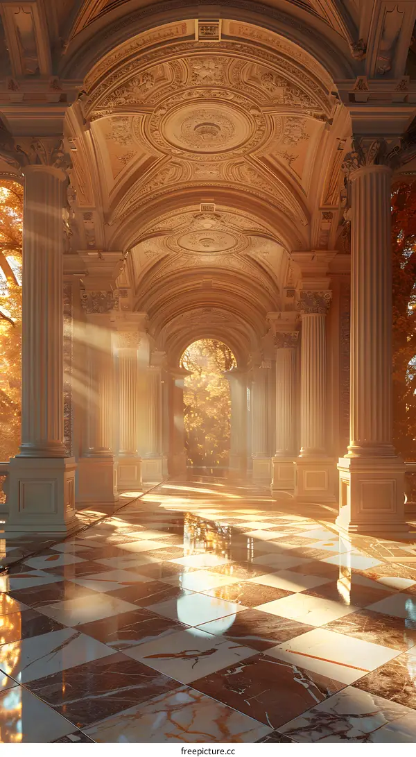 A Long Corridor with Sunlight Shining Through the Windows