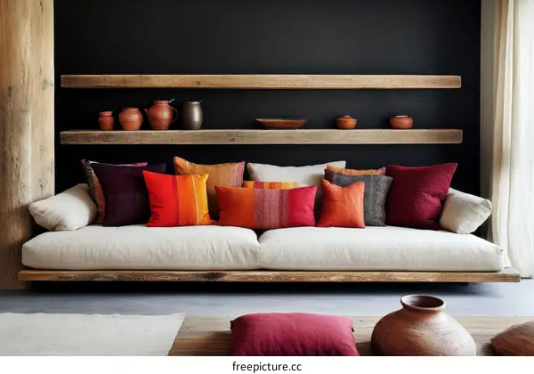 Modern Wooden Sofa with Colorful Pillows and Shelves