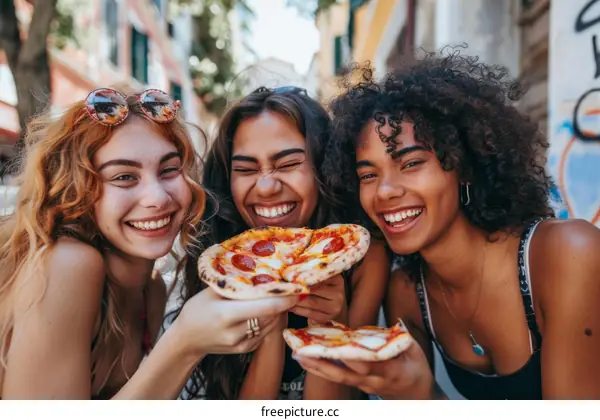 Three young women of different ethnicities are eating pizza together and smiling happily