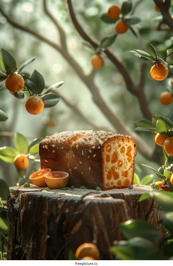 Close-up of a cake with orange slices on a wooden stump in a forest