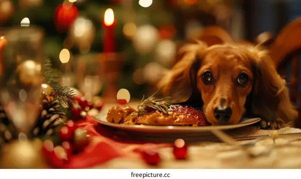 dachshund dog with christmas dinner