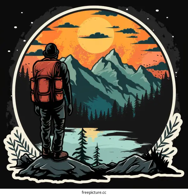 man with backpack standing on rock in front of mountains at sunset