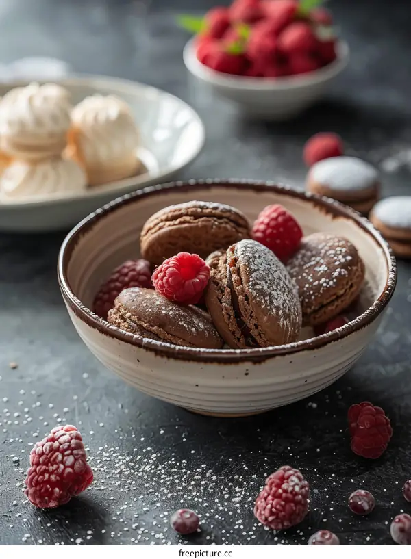 A bowl of chocolate macarons with fresh raspberries