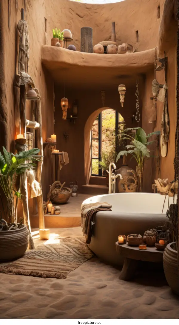Earthen luxury bathroom with a beautiful bathtub