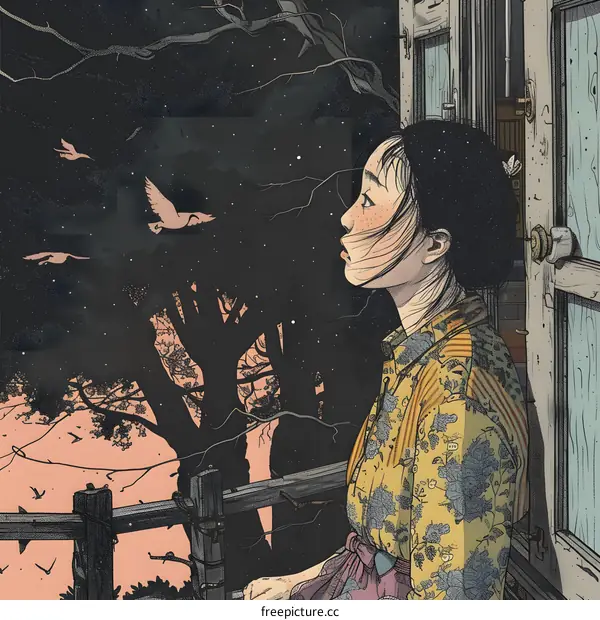 Young Woman Looking at Birds Flying Away