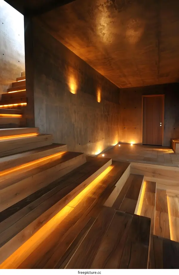 Modern Interior Design with Wooden Stairs and Concrete Walls