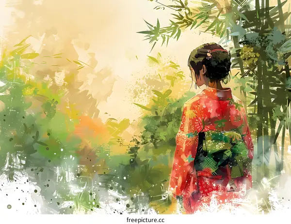 Woman in Kimono Standing in a Bamboo Forest