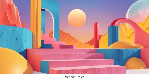 Abstract 3D Illustration of a Dreamy Landscape with Colorful Geometric Shapes