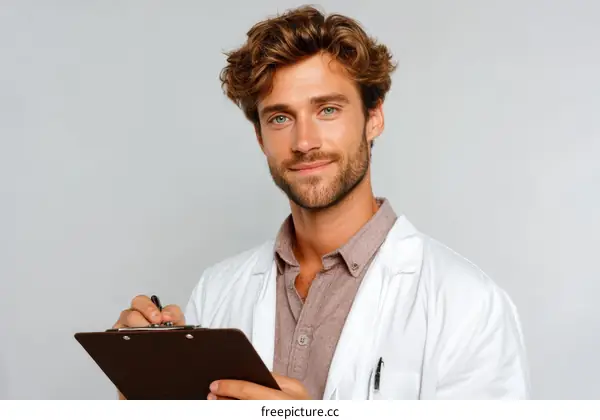 Smiling Caucasian Male Doctor Writing on Clipboard