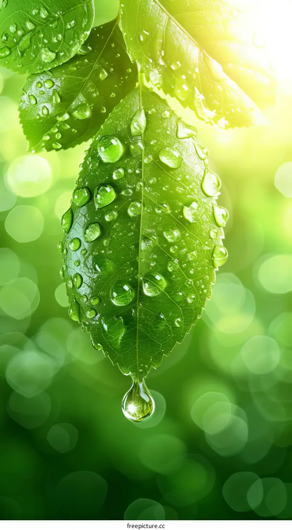 Raindrops on a Leaf with a Blurred Background
