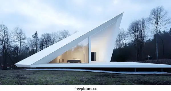 Modern White Triangular House In Forest With Large Windows
