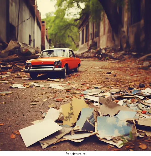 Car in a destroyed city street with debris