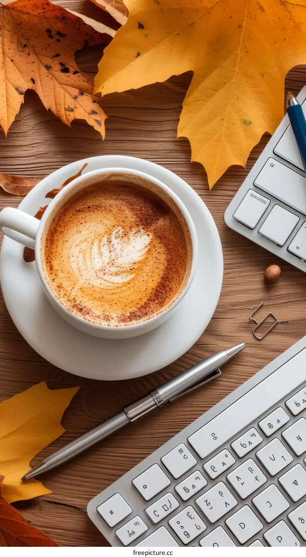 A cup of coffee on a desk with a computer keyboard and autumn leaves