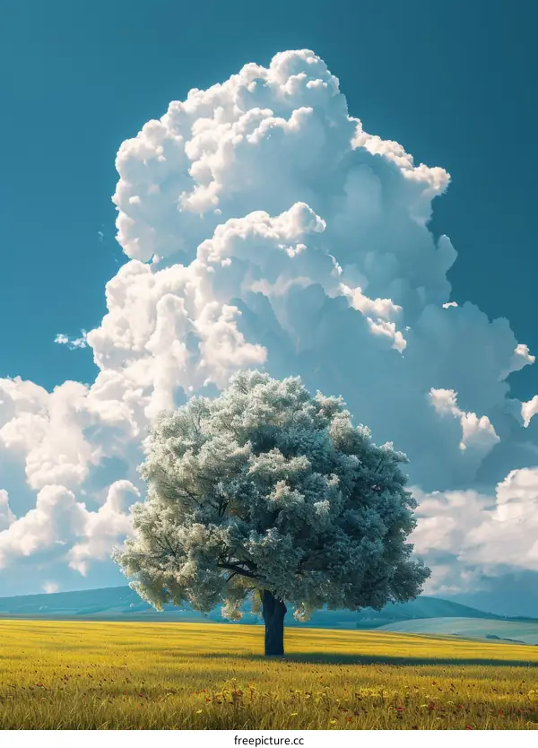 Beautiful Summer Landscape with Fluffy Clouds and Lone Tree