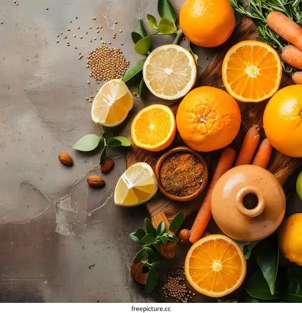 Citrus Fruits, Carrots and Almonds on Grey Background