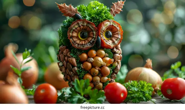 Vegetable owl made of vegetables and nuts