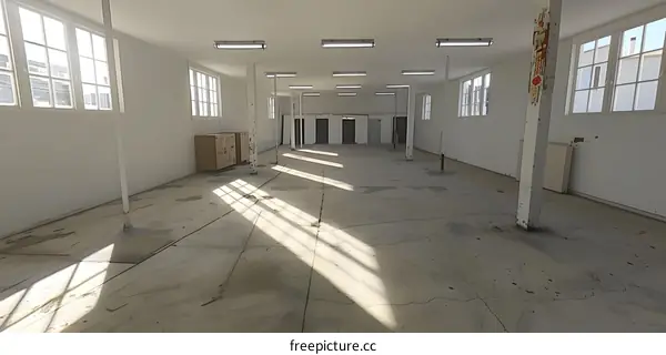 Empty Industrial Building Interior with Concrete Floor and Sunlight Streaming Through Windows