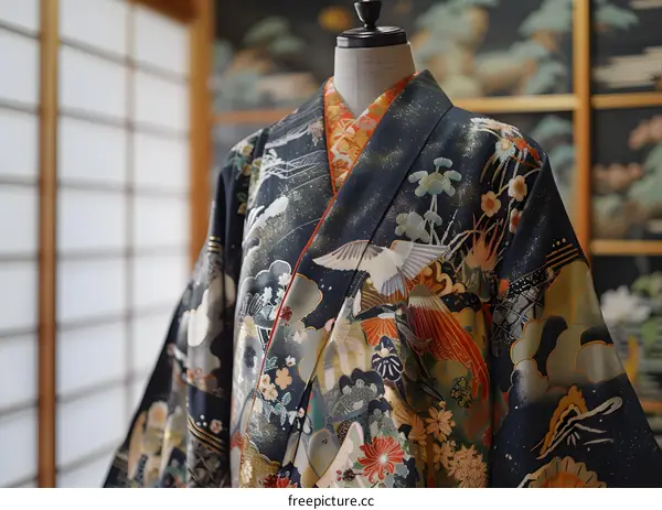 A kimono with a pattern of cranes and flowers
